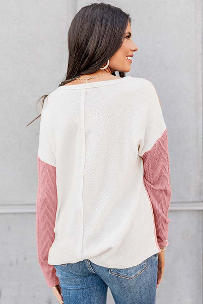 Full Size Color Block Cable-Knit Tops - Fashion Finder Hub