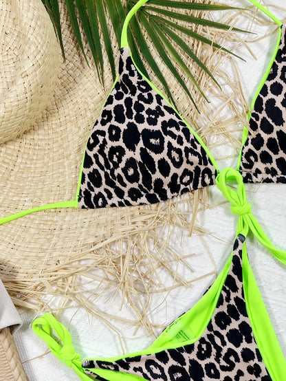Leopard Print Halter Neck Tie Side Bikini Set - Fashion Finder Hub