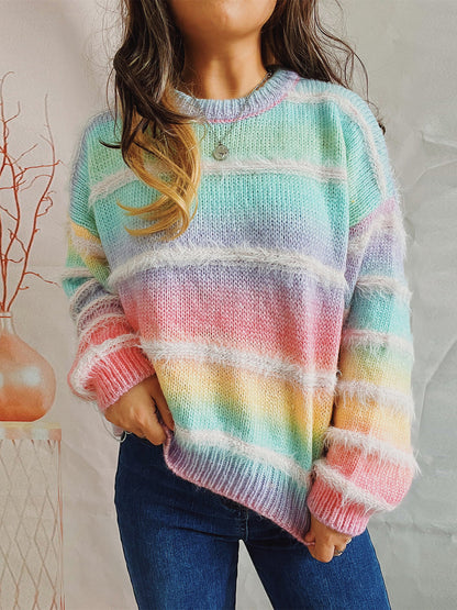 Striped Round Neck Long Sleeve Sweater - Fashion Finder Hub