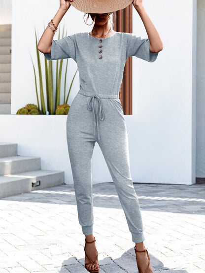 Buttoned Half Sleeve Round Neck Jumpsuit - Fashion Finder Hub