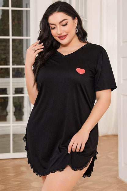 Plus Size Lace Trim V-Neck Short Sleeve Night Dress - Fashion Finder Hub