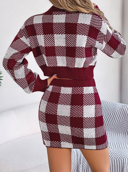 Plaid Round Neck Top and Skirt Sweater Set - Fashion Finder Hub
