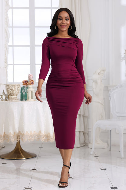 Ruched Boat Neck Midi Dress - Fashion Finder Hub