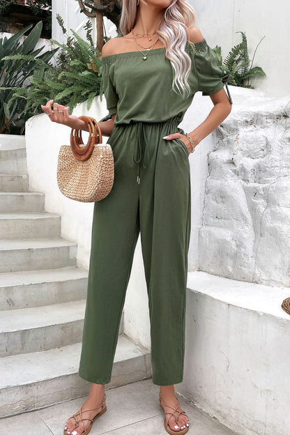 Off-Shoulder Tie Cuff Jumpsuit with Pockets - Fashion Finder Hub