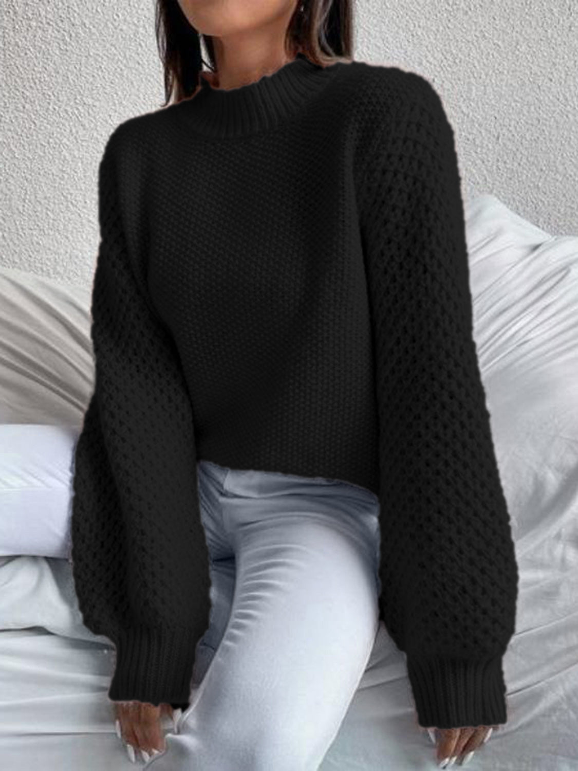 Openwork Mock Neck Long Sleeve Sweater - Fashion Finder Hub