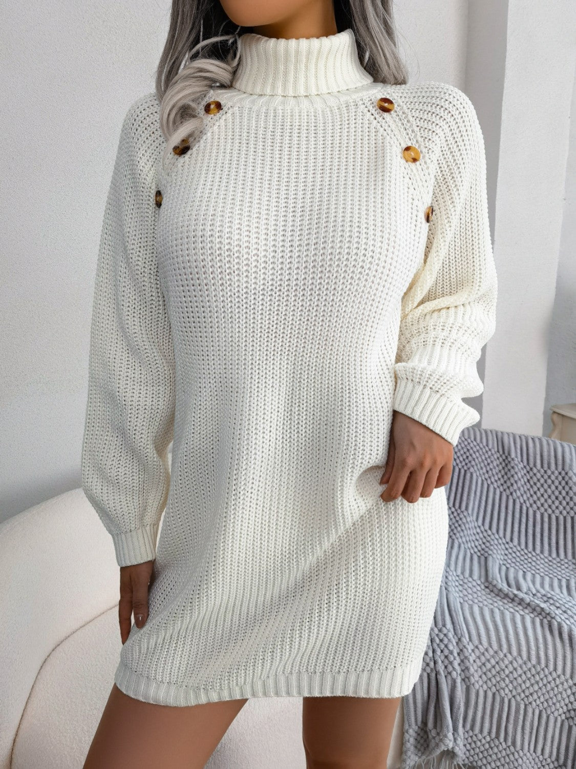 Decorative Button Turtleneck Sweater Dress - Fashion Finder Hub