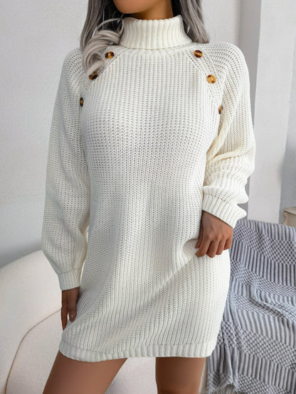 Decorative Button Turtleneck Sweater Dress - Fashion Finder Hub