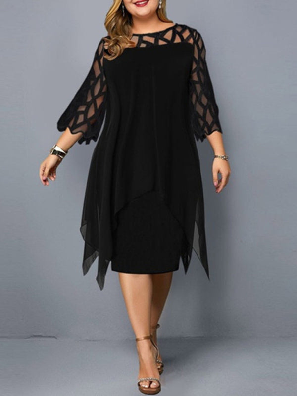 Women's Lace Stitching Three-quarter Sleeve Irregular Hem Chiffon Dress