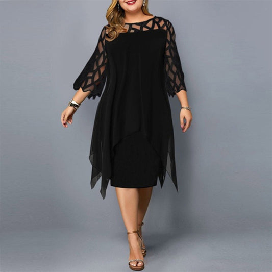 Women's Lace Stitching Three-quarter Sleeve Irregular Hem Chiffon Dress