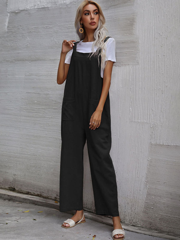 Trendy cotton and linen lazy style pure color sleeveless suspenders one-piece overalls for women