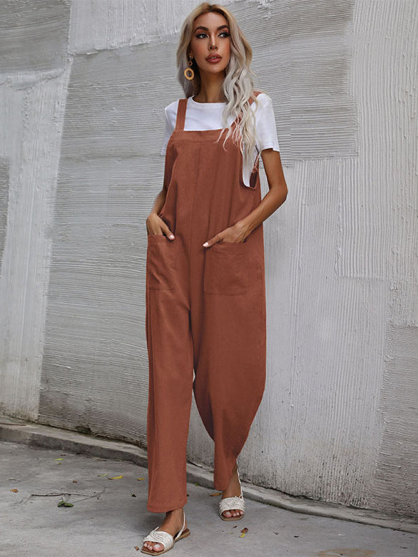 Trendy cotton and linen lazy style pure color sleeveless suspenders one-piece overalls for women