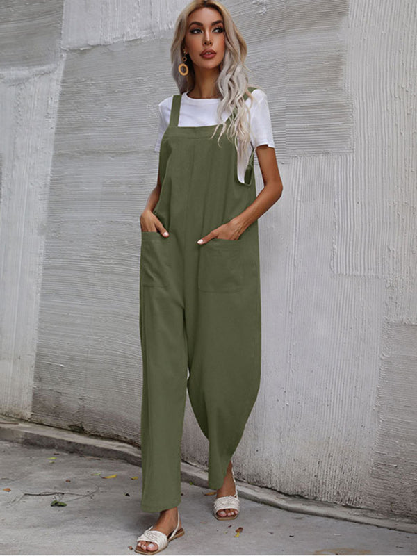 Trendy cotton and linen lazy style pure color sleeveless suspenders one-piece overalls for women