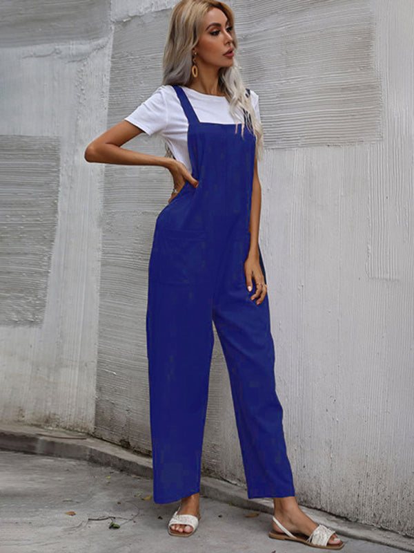 Trendy cotton and linen lazy style pure color sleeveless suspenders one-piece overalls for women