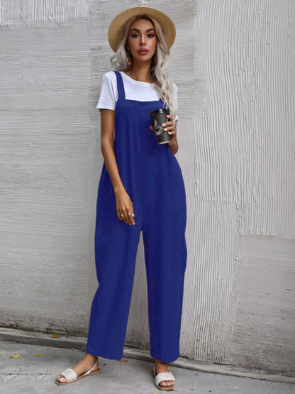 Trendy cotton and linen lazy style pure color sleeveless suspenders one-piece overalls for women