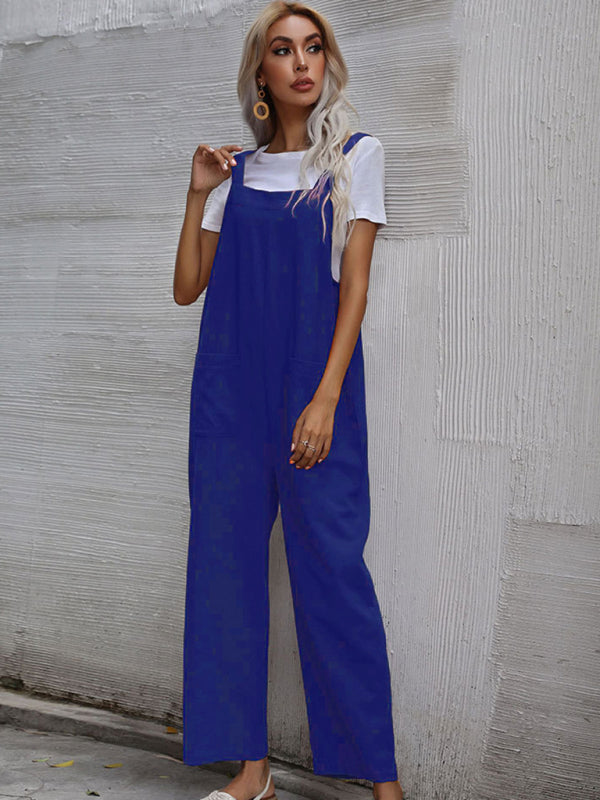 Trendy cotton and linen lazy style pure color sleeveless suspenders one-piece overalls for women