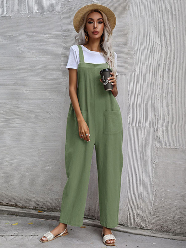 Trendy cotton and linen lazy style pure color sleeveless suspenders one-piece overalls for women