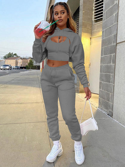 Women's Drawstring Solid Color Hoodie Long Sleeve Drawstring Trousers Vest Three-Piece Suit