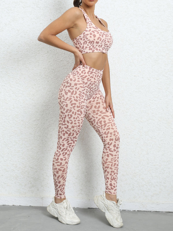 Leopard print beautiful back tight sports suit peach hip lifting high waist fitness clothes