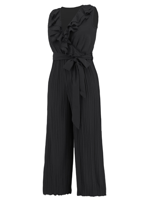 Women's Sleeveless V Neck Ruffle Lace Pleated Jumpsuit