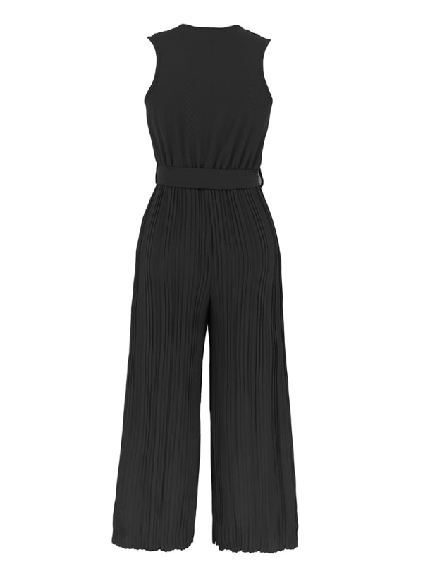 Women's Sleeveless V Neck Ruffle Lace Pleated Jumpsuit