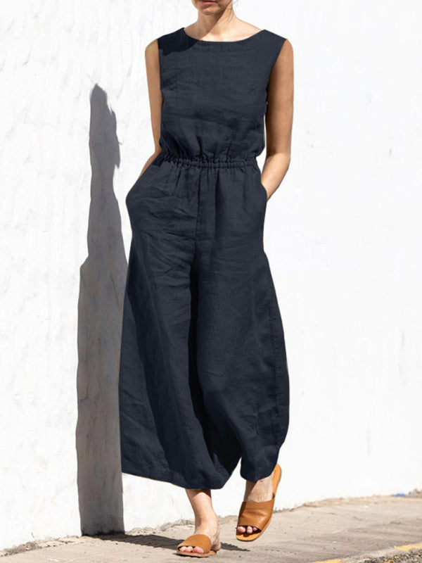 Solid color high waist sleeveless trousers women's fashion casual loose-fitting temperament jumpsuit