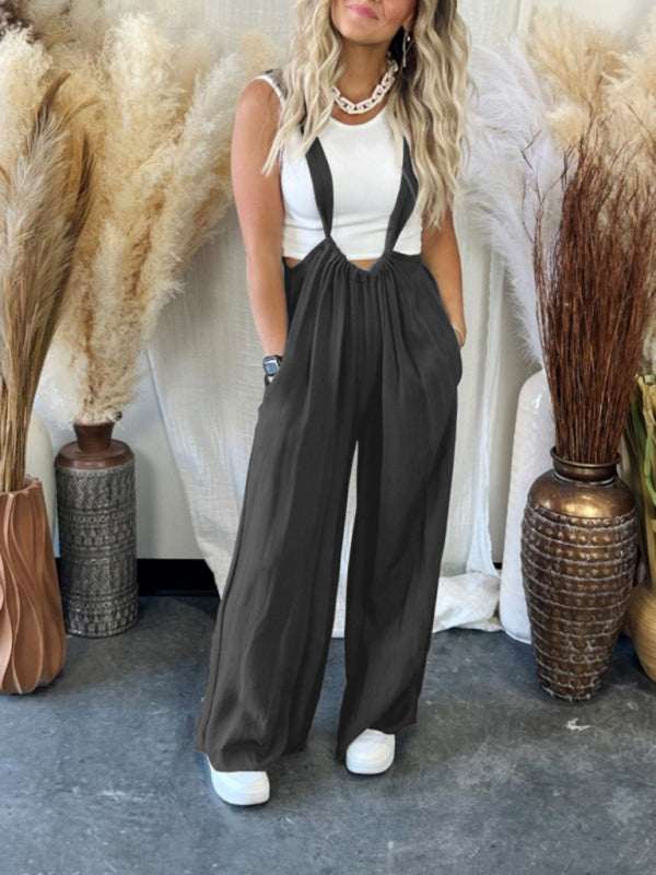 New jumpsuit solid color all-match lace-up loose double side pocket wide-leg trousers