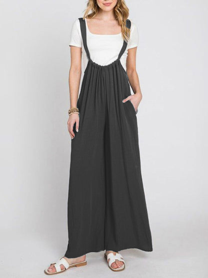 New jumpsuit solid color all-match lace-up loose double side pocket wide-leg trousers