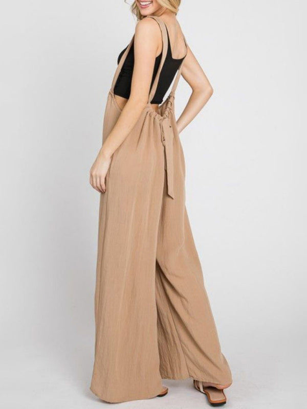 New jumpsuit solid color all-match lace-up loose double side pocket wide-leg trousers