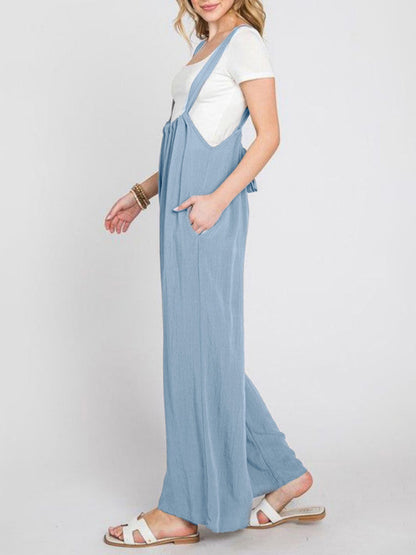New jumpsuit solid color all-match lace-up loose double side pocket wide-leg trousers