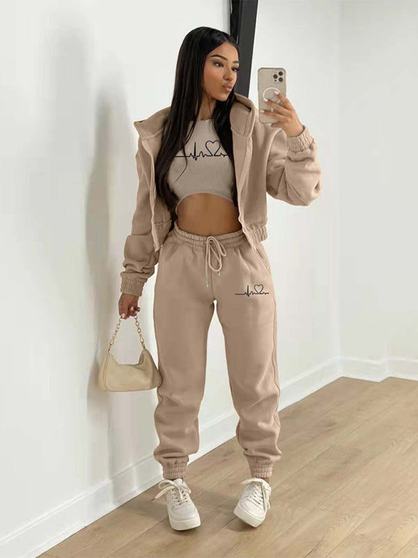 New velvet sweatshirt hooded letter print casual suit (three-piece set)