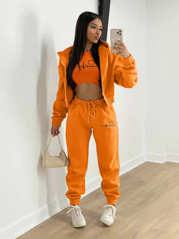 New velvet sweatshirt hooded letter print casual suit (three-piece set)