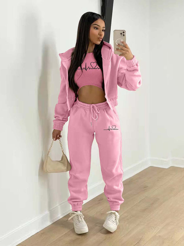 New velvet sweatshirt hooded letter print casual suit (three-piece set)