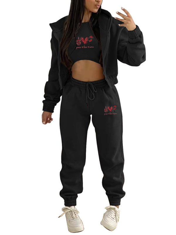 Valentine's Day Christmas love wine glass printed hooded sports and leisure suit (three-piece set)