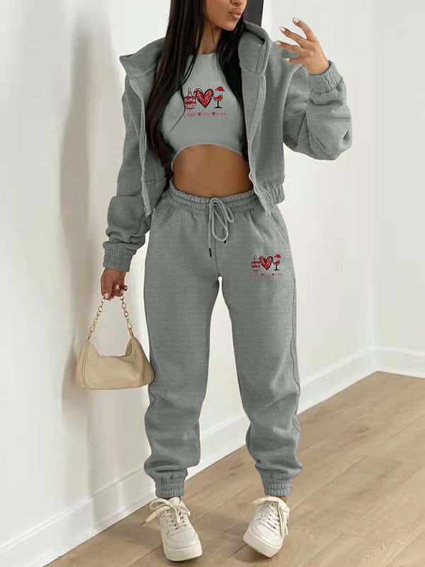 Valentine's Day Christmas love wine glass printed hooded sports and leisure suit (three-piece set)