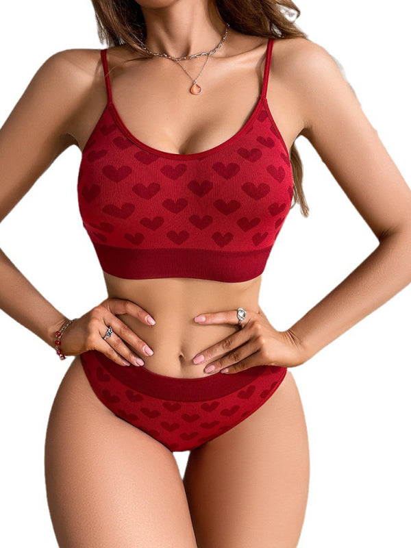 Women's New Valentine's Day Red Love Breathable Thin Strap Adjustable Seamless Underwear Set