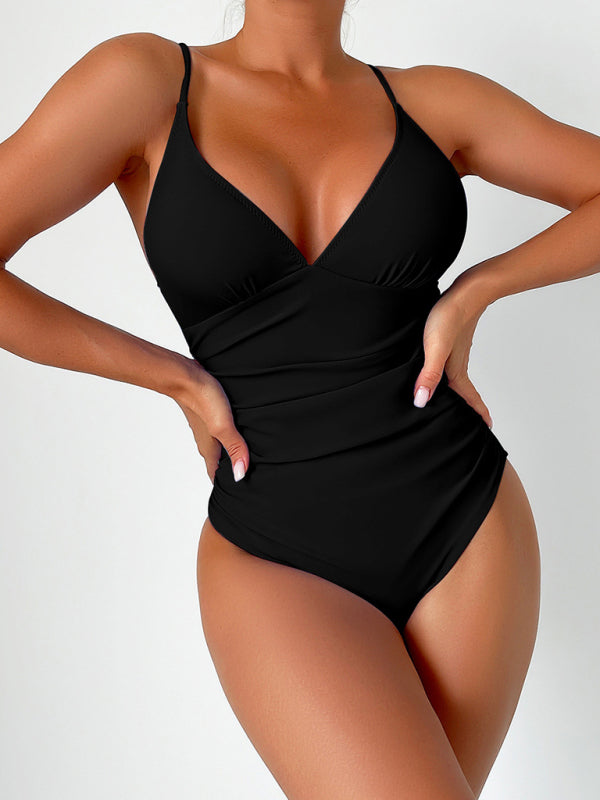 New solid color sexy deep V one-piece swimsuit