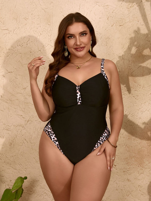 plus size pure black leopard print one-piece slim bikini swimsuit