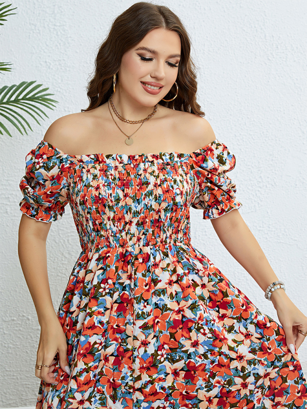 Plus size floral one-shoulder waist slimming dress