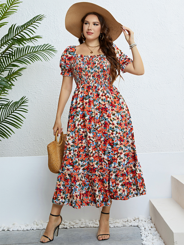 Plus size floral one-shoulder waist slimming dress