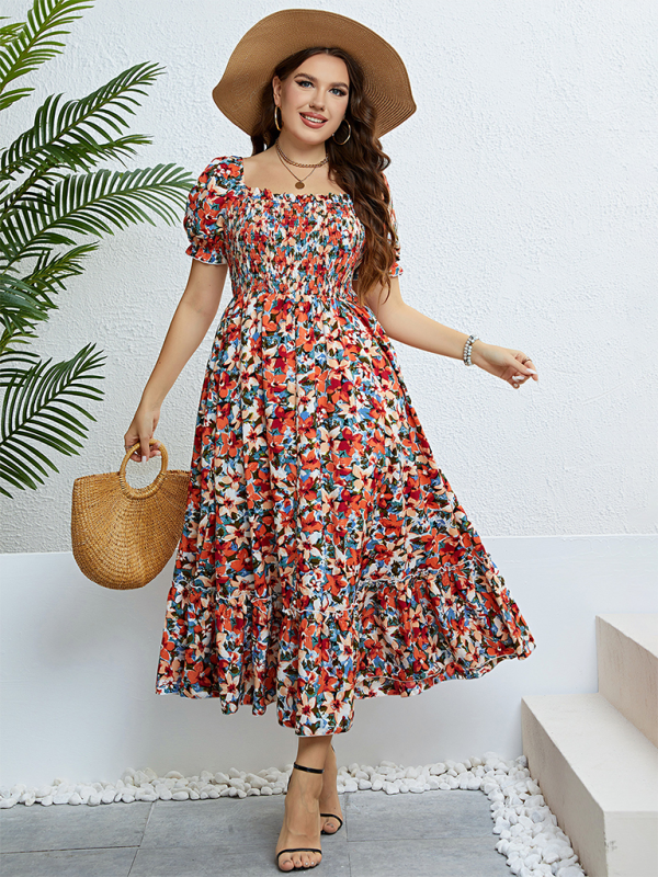 Plus size floral one-shoulder waist slimming dress