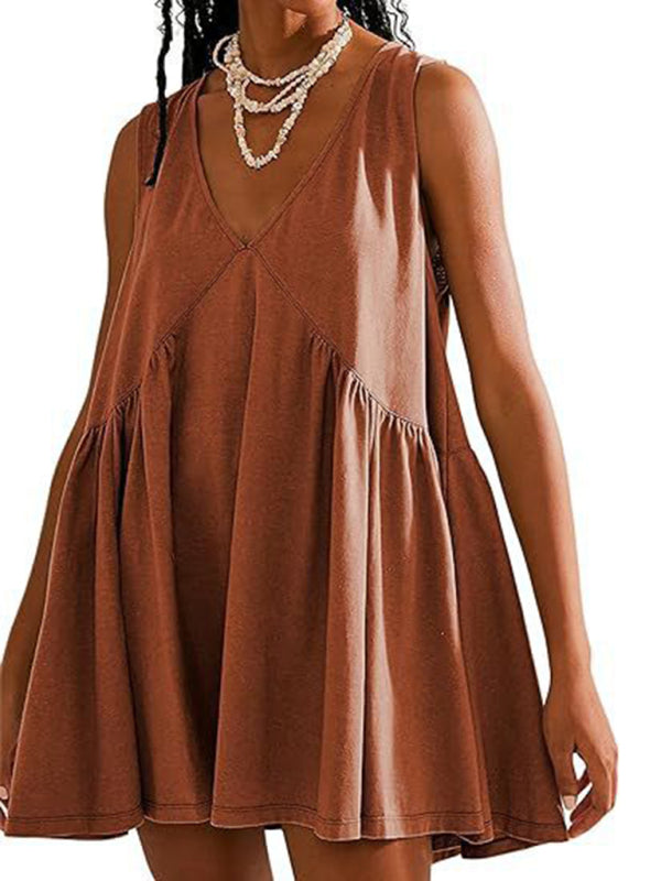 Women's suspender skirt V-neck sleeveless pleated vest pocket dress