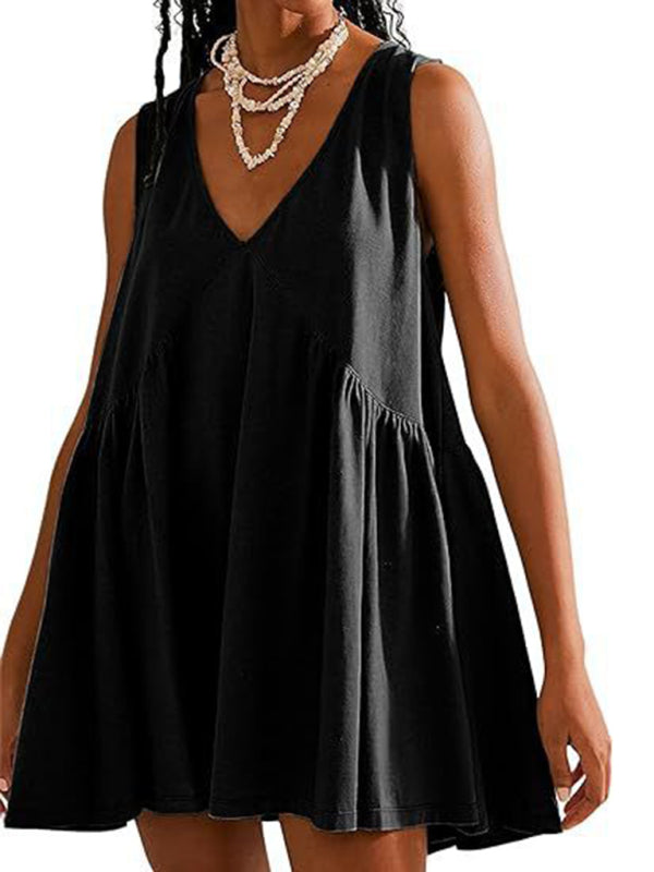 Women's suspender skirt V-neck sleeveless pleated vest pocket dress