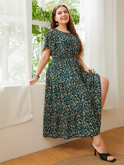 Plus size round neck printed waist dress