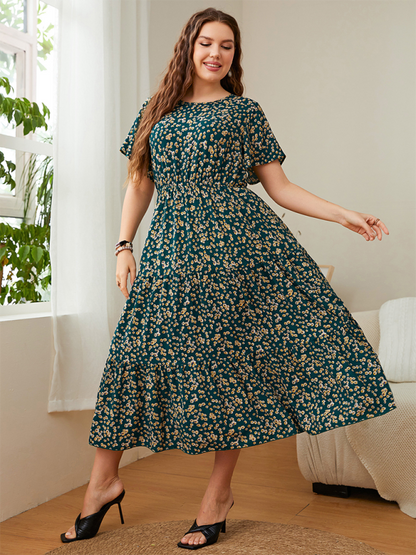 Plus size round neck printed waist dress