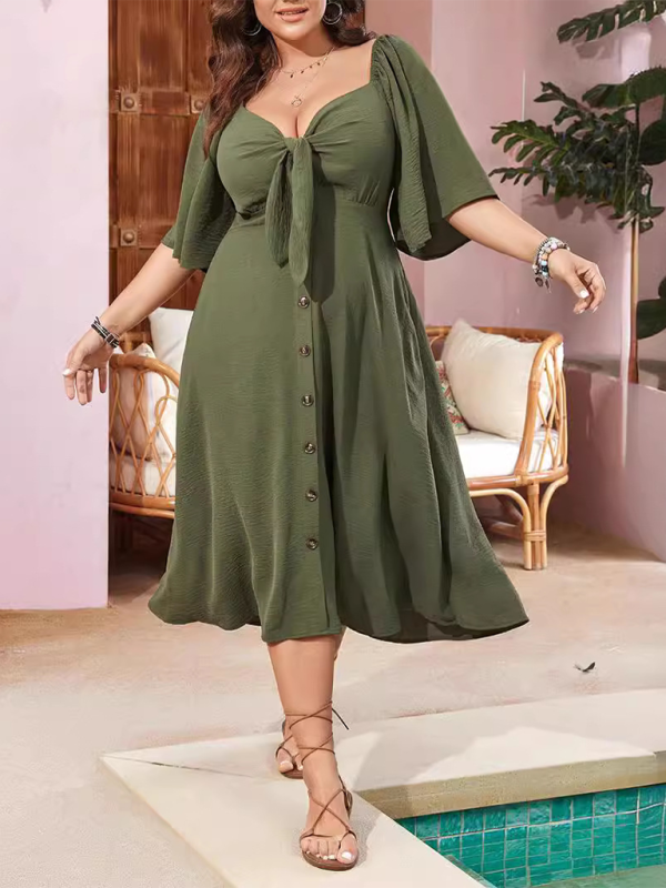 Plus size bow V-neck dress