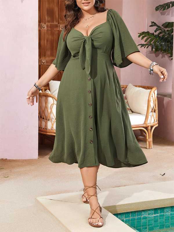 Plus size bow V-neck dress