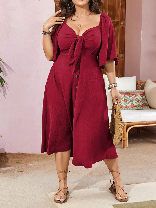 Plus size bow V-neck dress