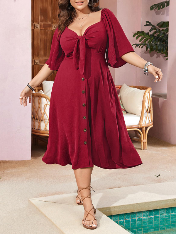 Plus size bow V-neck dress