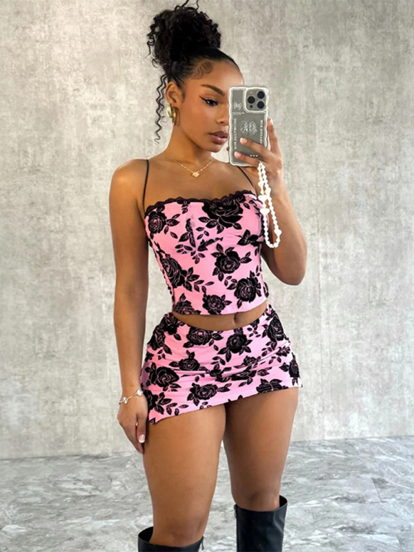 Women's new fashion rose print suspenders sexy slim hip skirt suit