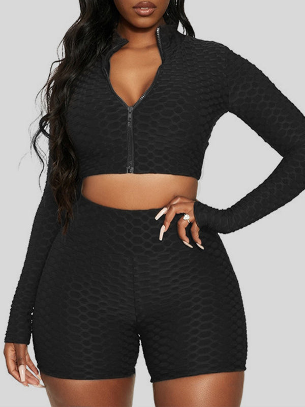 Women's solid textured fabric athleisure sets